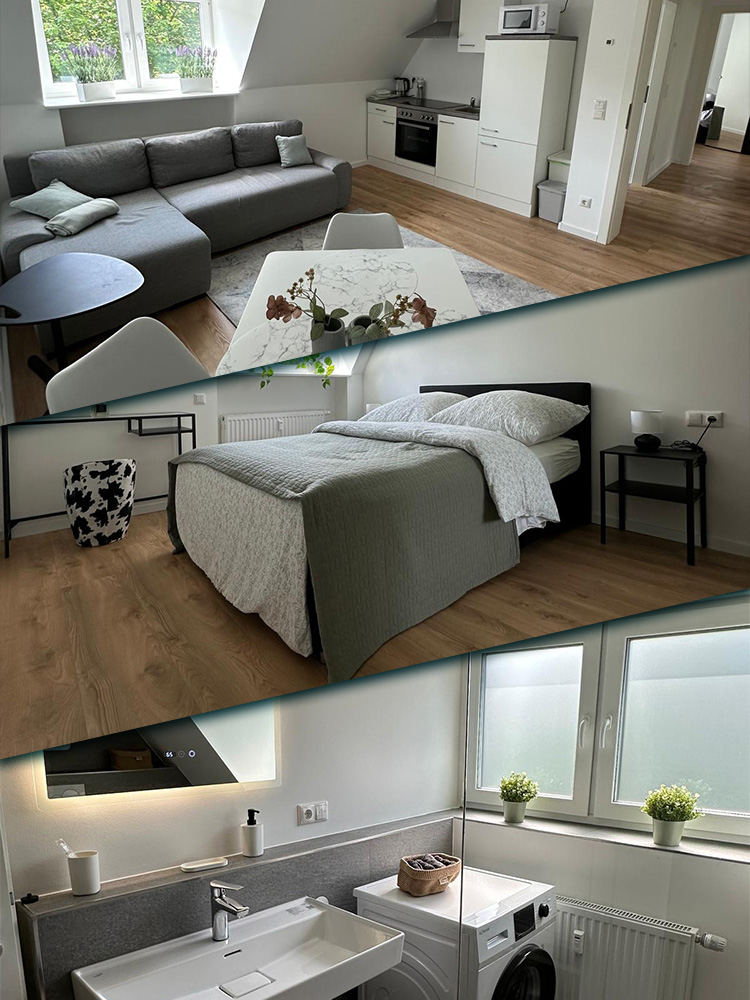 Collage der möblierten Wohnung mit Wohnbereich, Schlafzimmer und Badezimmer
