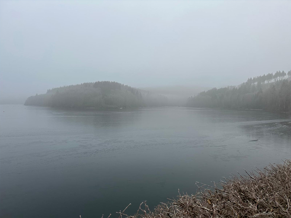 Nebliger Morgen an der Breitenbachtalsperre